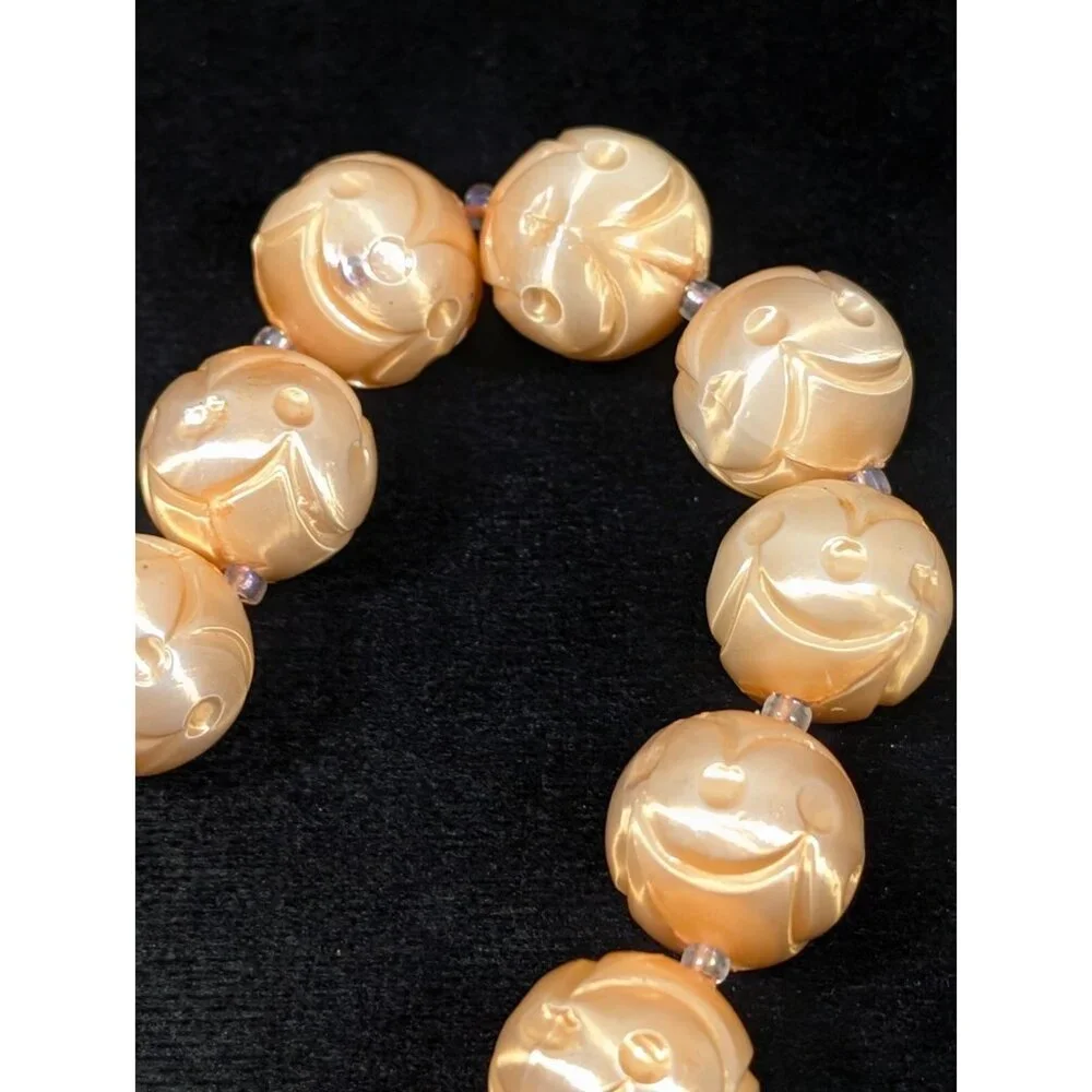 VTG Japan‎ Peach Carved Style Plastic Pearlized Round Bead Necklace Chunky Mid